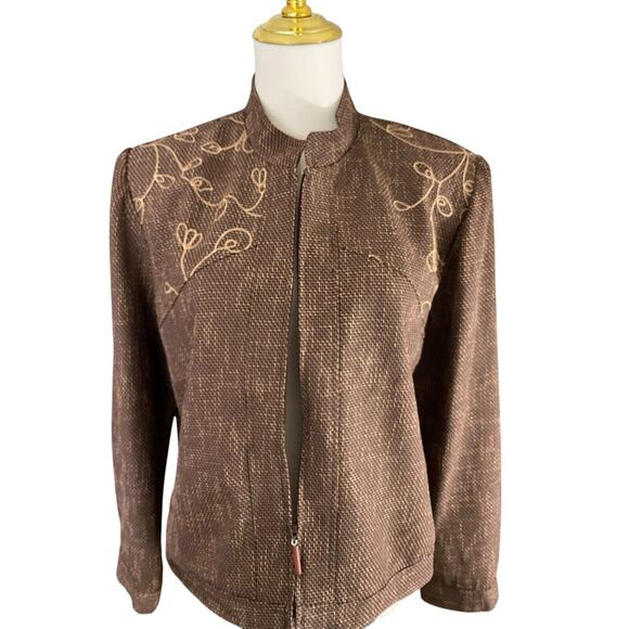 Sag Harbor Petite Brown Gold Embroidered Zip Up Jacket Size 12P Woven Texture - Picture 9 of 12